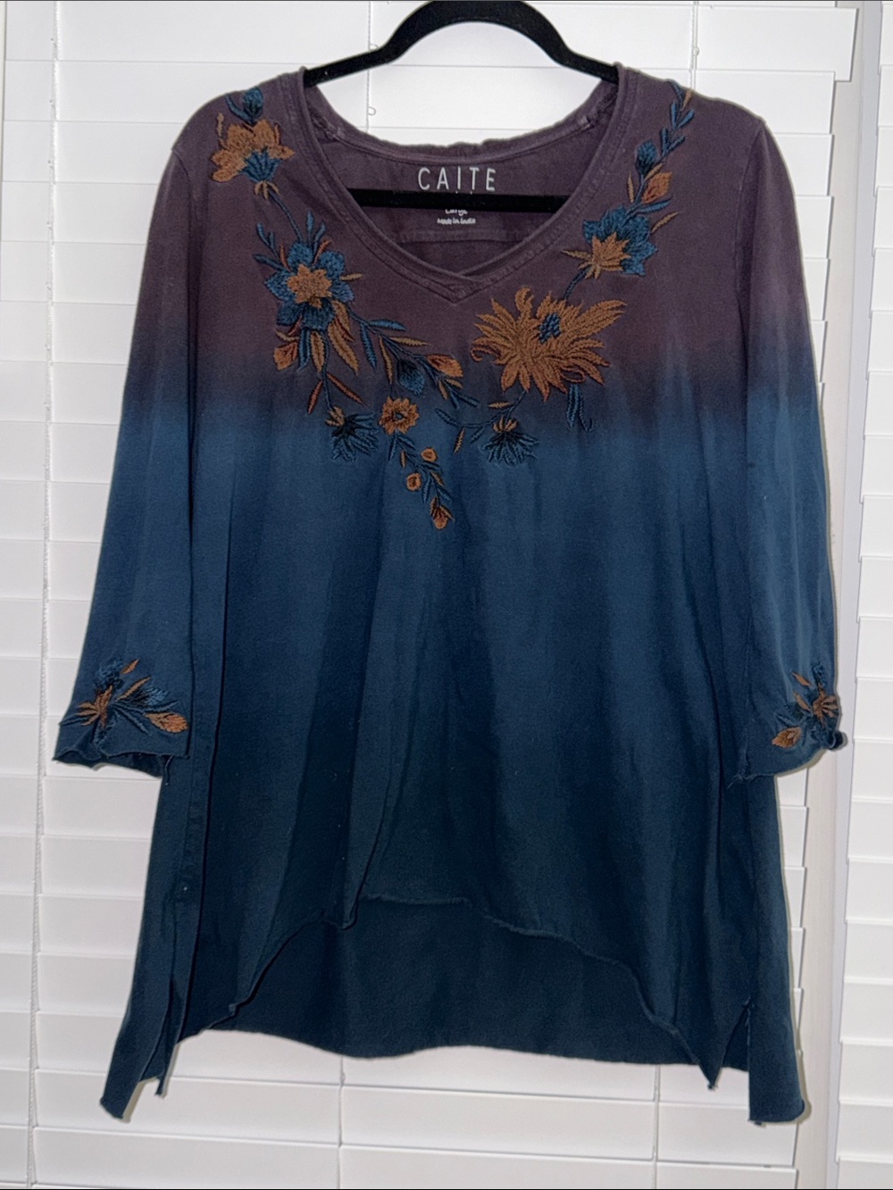 Caite Ombre Navy-to-Charcoal Floral Embroidered V-Neck Tunic
